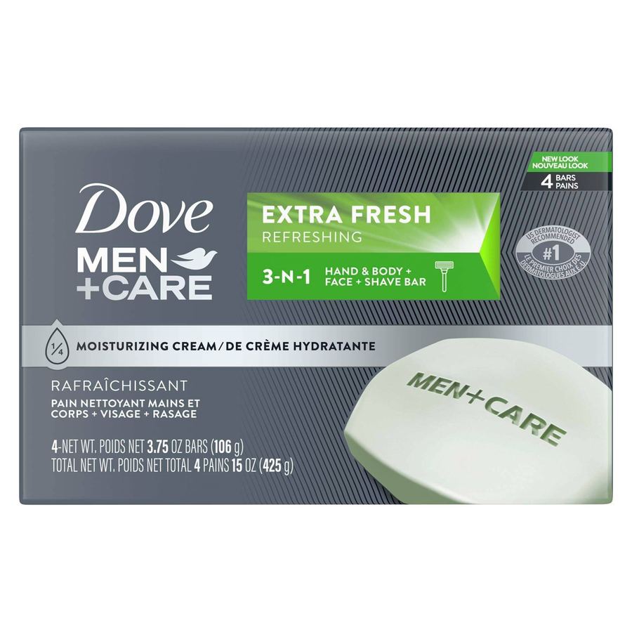 Verified package image for Dove Men+Care Extra Fresh Body & Face Bars, 3.75 oz, 4 Count