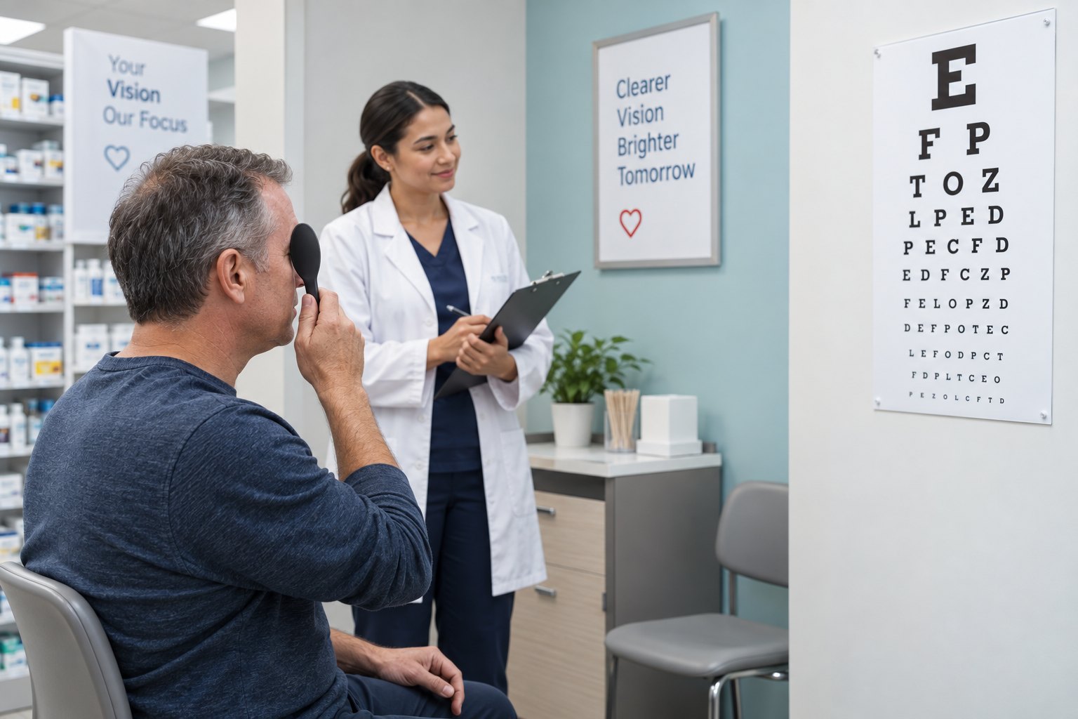Illustrative scene of a patient completing a distance vision screening